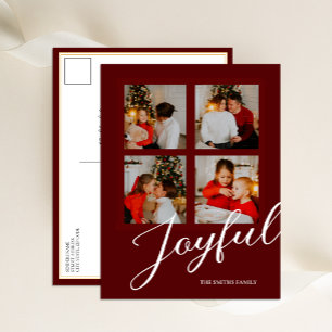 Joyful Modern Minimalist Red Script 4 Photo Holiday Postcard