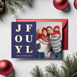 Joyful Modern Navy Blue Photo Christmas Gold Foil Holiday Card