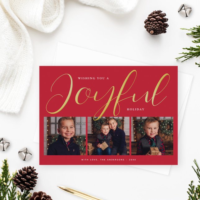 Joyful Modern Red and Gold Script Photo Collage Foil Holiday Card (Creator Uploaded)