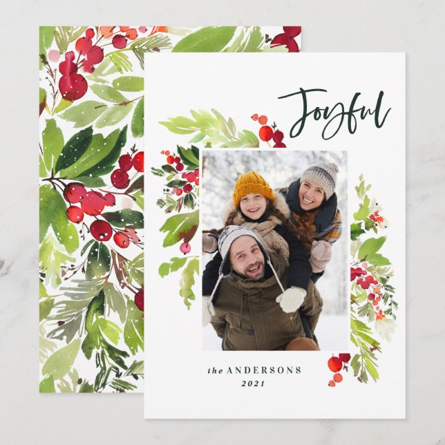 Joyful modern red and green winter foliage 1 photo holiday card (Front/Back)
