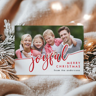 JOYFUL Modern Red White Merry Christmas Photo Holiday Card