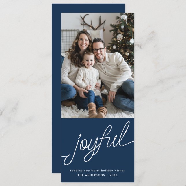 Joyful Modern Script Blue Photo Tall Christmas Holiday Card (Front/Back)