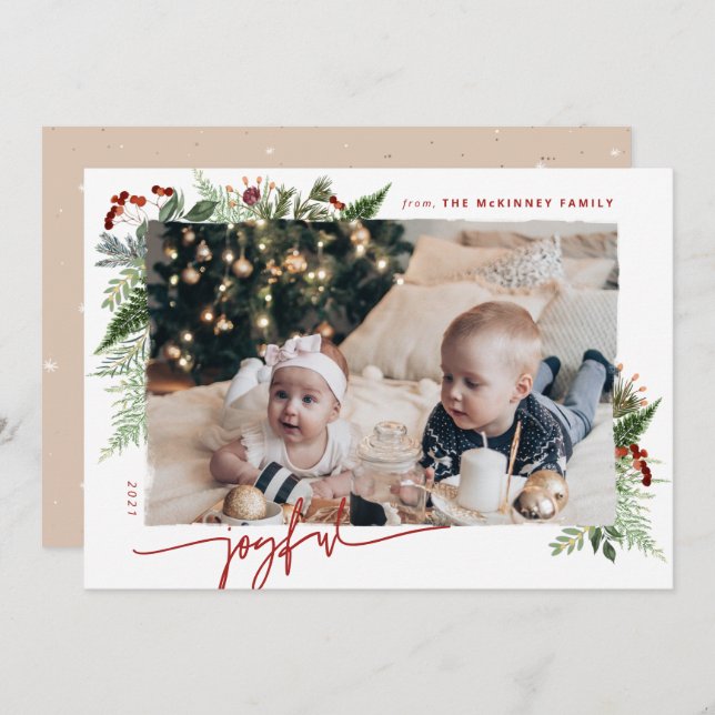 JOYFUL Modern Script Boho Greenery Burgundy Beige Holiday Card (Front/Back)
