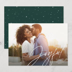 Joyful modern script one photo green Christmas Hol Holiday Card