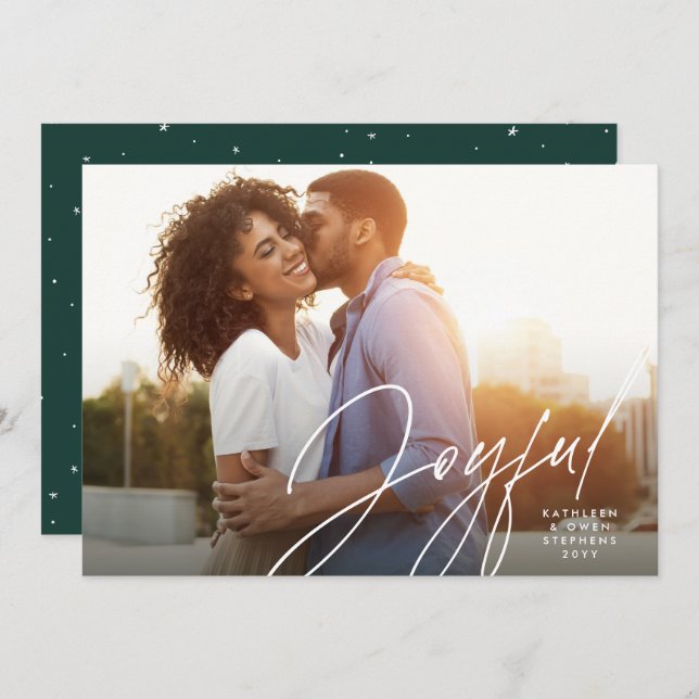 Joyful modern script one photo green Christmas Hol Holiday Card (Front/Back)