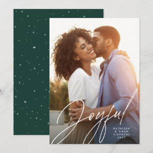 Joyful modern script one photo green Christmas Holiday Card