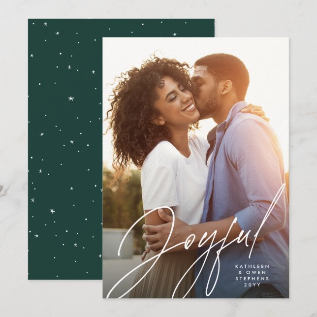 Joyful modern script one photo green Christmas Holiday Card (Front/Back)