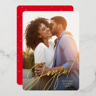 Joyful modern script one photo red Christmas Foil Holiday Card