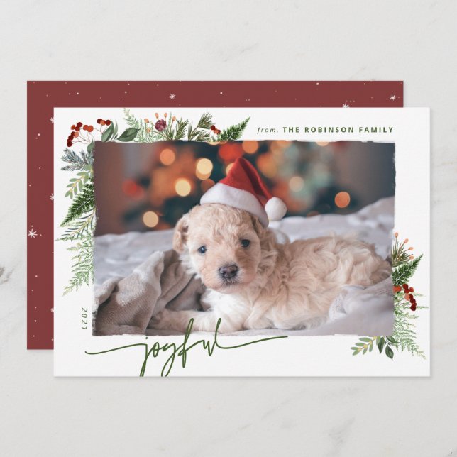 JOYFUL Modern Script Red Green Boho Greenery Photo Holiday Card (Front/Back)