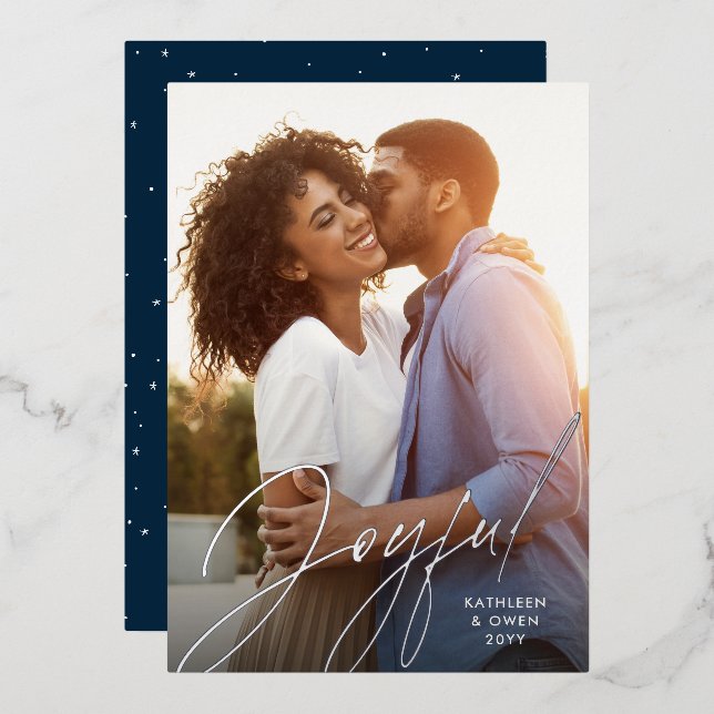 Joyful modern script silver navy Christmas photo Foil Holiday Card (Front/Back)