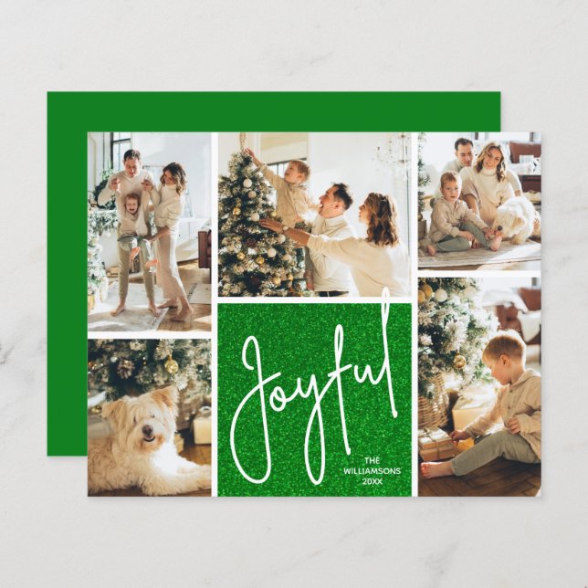 JOYFUL Multi Photo Budget Green Holiday Cards (Front/Back)