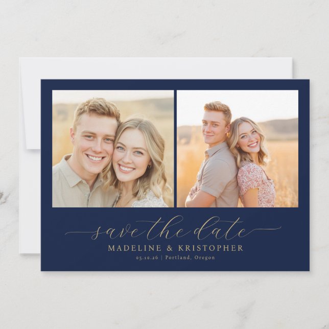 Joyful Navy Contemporary Photo Collage Save The Date (Front)