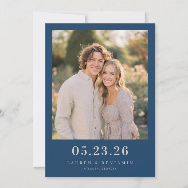 Joyful Navy Photo Save The Date (Front)