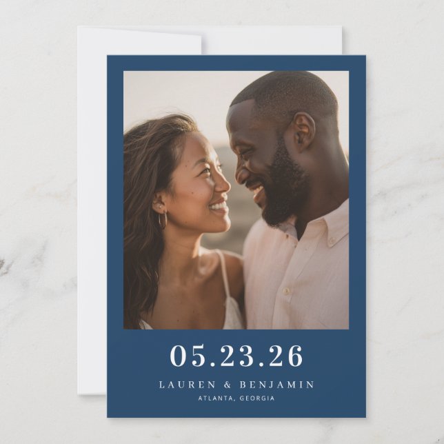 Joyful Navy Romantic Photo Save The Date (Front)