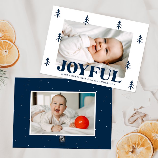 Joyful Navy Trees 2 Photo Holiday Card (Creator Uploaded)