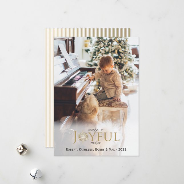 Joyful Noise Gold Snowflake Christmas Photo Holiday Card (Front/Back In Situ)