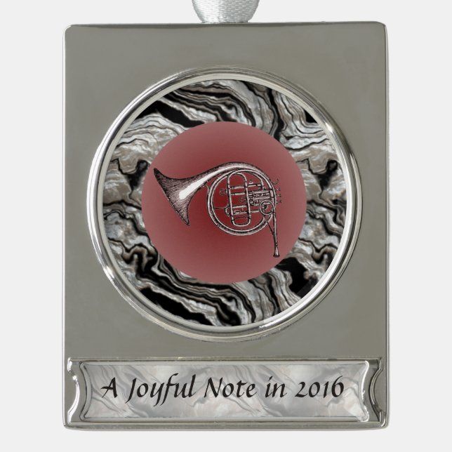 Joyful Note French Horn Drawing Custom Text Silver Plated Banner Ornament (Front)