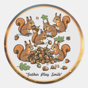 "Joyful Nut Gathering Squirrels" Classic Round Sticker