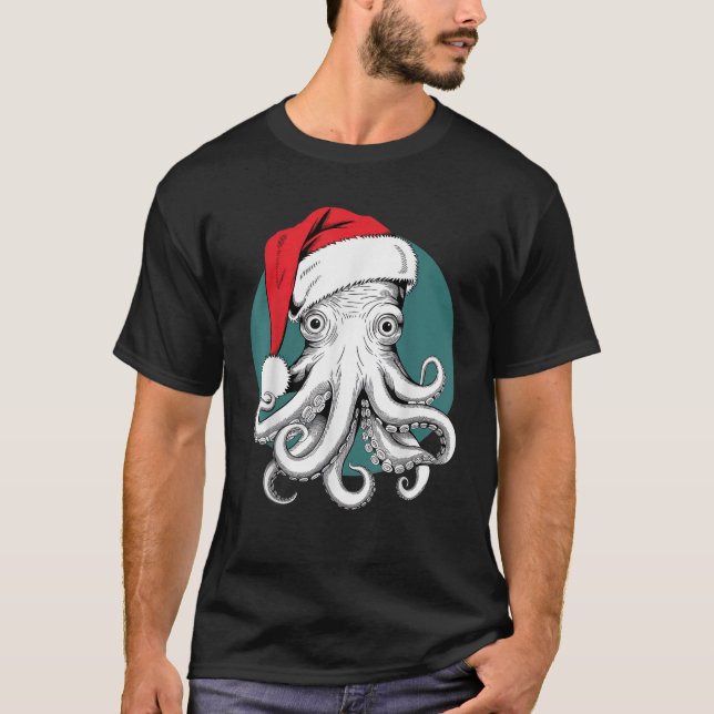 Joyful Octopus Santa on Octopus Christmas  T-Shirt (Front)