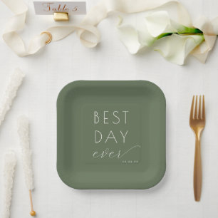 Joyful Olive Green Typographic Wedding Plates
