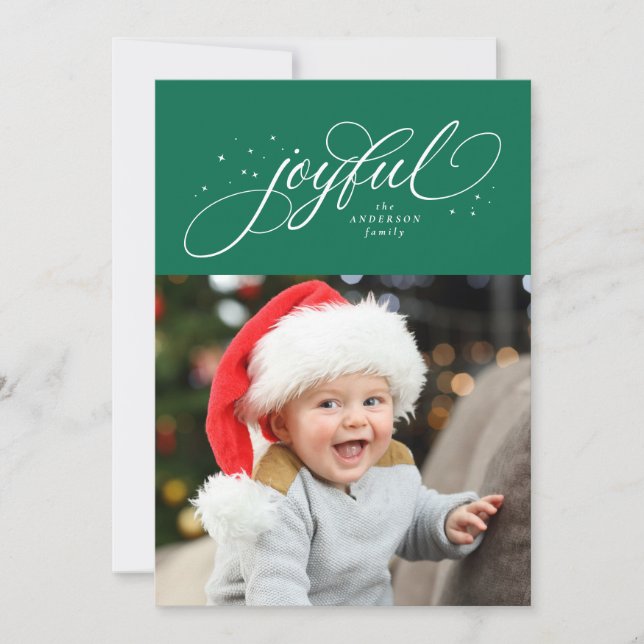 Joyful one photo green stars Christmas Holiday Card (Front)