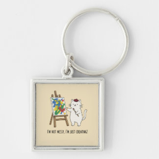 Joyful Pastel Yellow White Cat Artist Abstract Key Ring
