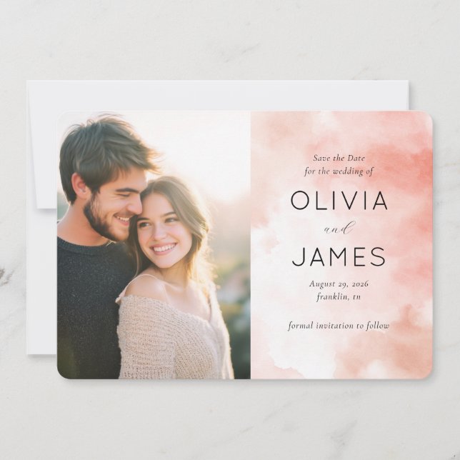 Joyful Peach Watercolor Photo Save The Date (Front)