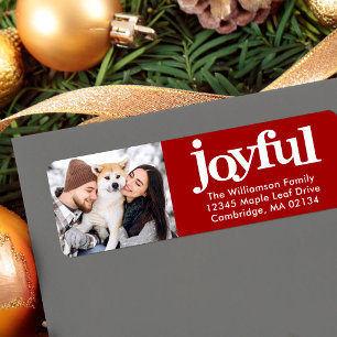Joyful Photo Bold Typography Modern Red Christmas Return Address Label