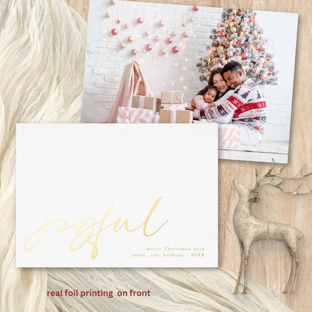 Joyful Photo Calligraphy Christmas Luxury Real Foil Holiday Card (Real foil printing on the front)