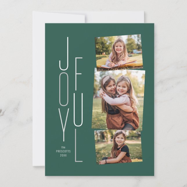 Joyful photo collage green holiday card (Front)