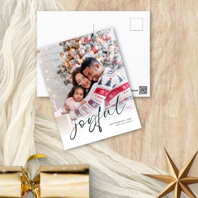 Joyful Photo Overlay Calligraphy Christmas White Holiday Postcard (Front and back view handy postcard option)