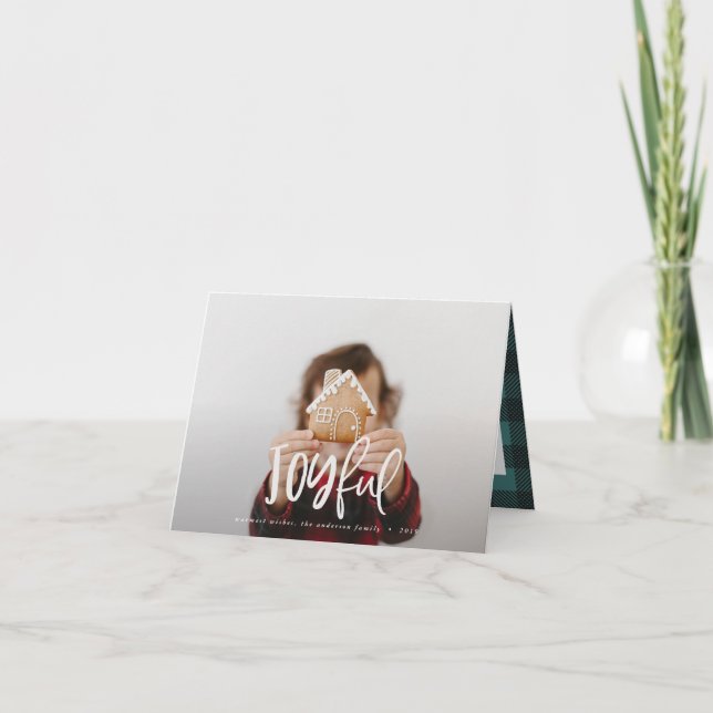 Joyful photo script text and tartan family holiday note card (Front)