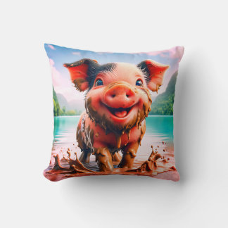 “Joyful Piglet in Mud Bath - Whimsical Farm Art” Cushion