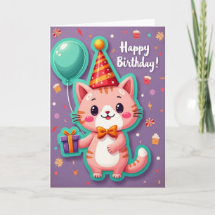 Joyful Pink Cat Birthday Card