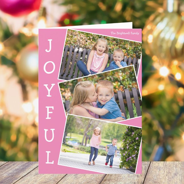 Joyful Pink Kids Photo Cute Folded Christmas Card (Creator Uploaded)