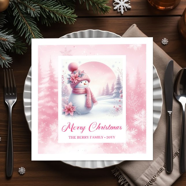 Joyful Pink Snowman Winter Forest Christmas Napkin (Joyful Pink Snowman Winter Forest Christmas Napkins Kids)