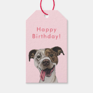 Joyful Pit Bull Dog Drawing Happy Birthday Gift Tags