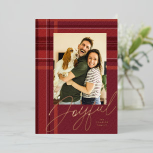 Joyful plaid red Christmas photo Foil Holiday Card