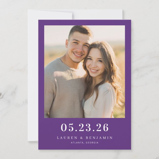 Joyful Purple Minimalist Photo Save The Date (Front)