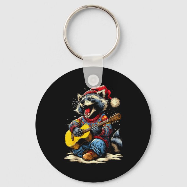 Joyful Raccoon Playing Guitar Animal Guitarist Chr Key Ring (Front)
