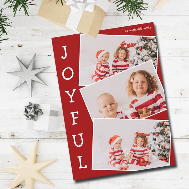 Joyful Red 3 Family Photo Collage Modern Christmas Holiday Card (Creator Uploaded)