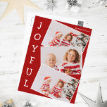 Joyful Red 3 Family Photo Collage Modern Christmas Holiday Postcard<br><div class="desc">Modern red Christmas photo collage postcard with 3 kids photographs in a fun overlapping snapshot pattern with white border and the word Joyful written vertically down the side. Find your three favourite pictures for these cute family holiday postcards.</div>