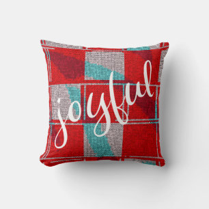 Joyful Red Blue Knitting Plaid Pattern Christmas Cushion