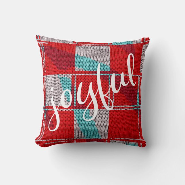 Joyful Red Blue Knitting Plaid Pattern Christmas Cushion (Front)