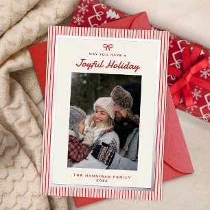 Joyful Red Bow One Family Photo Foil Holiday Card