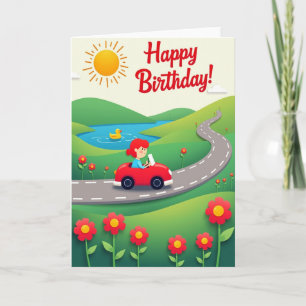 Joyful Red Car Birthday Card