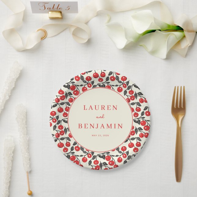 Joyful Red Cherry Illustration Paper Plate (Wedding)