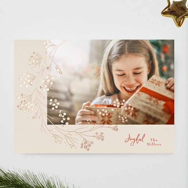 JOYFUL | Red & Cream Photo Rose Gold Foil Holiday Card (Creator Uploaded)
