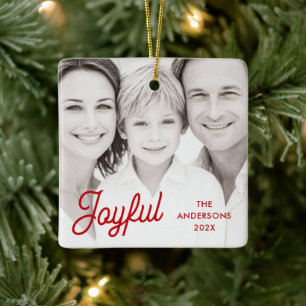 Joyful red festive retro font name year photo ceramic ornament