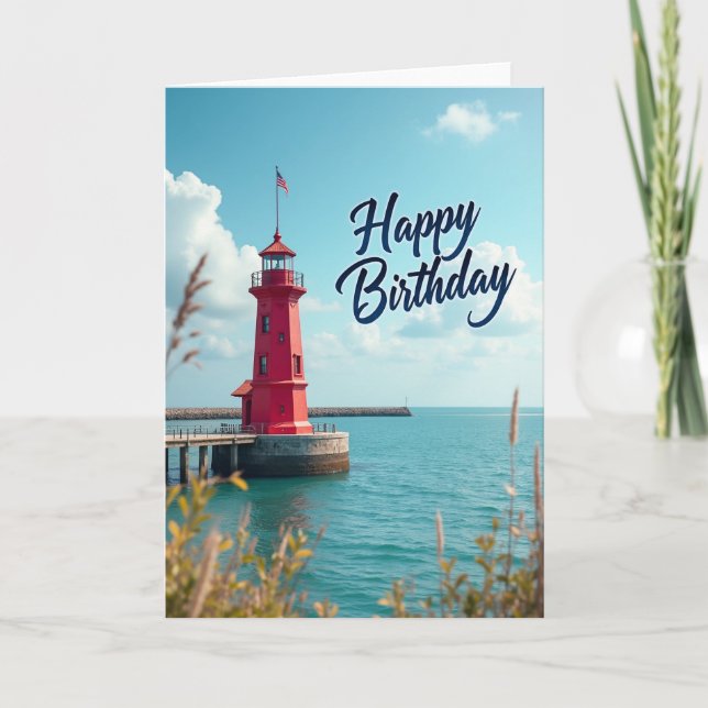 Joyful Red Lighthouse Birthday Card (Front)
